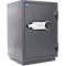 Gray safe with combination lock and key. There is a blue logo on the door. The handle is silver.