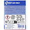 Rückseite einer First Aid Only Brillenputztuch-Verpackung mit Sicherheitshinweisen und Entsorgungssymbolen.