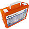 Oranje EHBO-koffer met een wit handvat en een wit etiket met medische logo's.