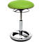 Height-adjustable stool with green, dotted seat and chrome frame.