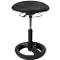 Black standing stool with round seat, metal frame and base.