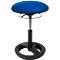 Blue standing stool with black base and pole. The seat is round and cushioned. The stool is height adjustable.