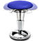 A standing stool with a blue seat and chrome frame. The seat appears to be moving.