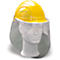 Casque de sécurité jaune avec visière transparente, sur un buste.