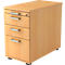 Beige wooden pedestal with three drawers and silver handles. Standing on a black base.