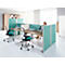 Office with desks, chairs and partitions. A person is sitting at the computer. The decor is turquoise and wood.