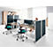 Office with workstations: desks, chairs, partitions. A woman working on the PC.
