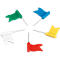 Five colorful flag push pins arranged in a circle on a white background.