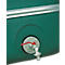 Close-up of a green container with a metal tap operated by a red lever. The container is reinforced with a metallic strip.