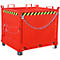 Red metal container with safety chain and handles.