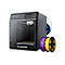Schwarzer 3D-Drucker Flashforge Adventurer 5M Pro mit Filamentrollen in Lila, Gelb und Blau.