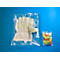 Gloves in a plastic bag, next to colorful dowels. On a blue background.