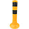 Yellow and black bollard. Cylindrical with a round base, yellow with black stripes.