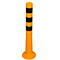 Yellow and black bollard, cylindrical, with reflector stripes and a round base.