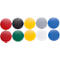Tien gekleurde, cirkelvormige magneten in rood, zwart, geel, grijs, blauw, groen en wit.