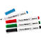 Four flip chart markers, white with colored ends. Text: Flipchart-Marker XL and MAUL. A blue cap is lying next to it.