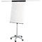 A white flip chart on a gray stand with wheels, against a white background. A bracket at the top.