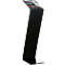 Black, angled display stand. The top, inclined panel may hold a display. The stand has a modern, minimalist aesthetic.