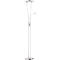 An elegant floor lamp, silver with two lights. One is directed upwards, the other to the side.