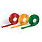 Three rolls of colored tape, red, yellow and green, on a white background.