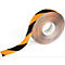 Rolled warning tape roll with black and orange stripes. The tape roll is on a white background.