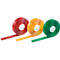 Three rolls of colored adhesive tape: red, orange, and green. Each roll has a strip unrolled.