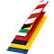 Cross section of a yellow-red striped product. Below are several colored layers visible: blue, yellow, black, red, white, and green.
