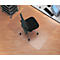 Transparent desk chair mat on wooden floor. A black office chair is on the mat.