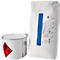 A bucket with a lid and a bag of powder stand side by side. The bucket has a hazard symbol, the bag a blue stripe.