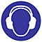Blue sign with white symbol: hearing protection in the form of earmuffs.