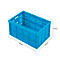 Blue, foldable crate with dimensions 600 x 400 x 320 mm. Perforated side panels, partially folded.