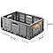 Gray, foldable transport box. Dimensions: 570 mm x 370 mm x 222 mm, with orange handles.