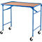 Blue serving cart with brown tabletop on four wheels.