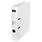 White binder with black hole, yellow label 'bene'.