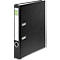 Black binder, slightly angled. There is a white labeling field on the spine.