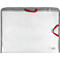 Transparente Dokumentenmappe mit grauem Rand und roten Griffen.