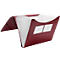 Open, burgundy document folder with transparent compartments, two viewing windows.