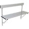 Light-colored bench with backrest, mounted on a wall. Seat made of three bars, black ends, metal support.