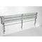Grey, wall-mounted folding seat, made of metal. Three horizontal seat surfaces, attached to gray wall.