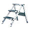 Folding metal step stool with three steps. Black treads, silver frame.
