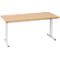 A rectangular table with a light brown wooden top and a white metal frame. The table legs are U-shaped and sturdy.