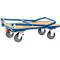 Blue hand cart, wooden board, four wheels, handle.