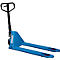 Blue pallet jack with black handle on a white background.