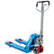 Blue pallet truck, HanseLifter brand, with red roller wheels.