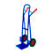Blue hand truck, red handle, green tires with red rims, on a white background.