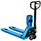 Blue pallet truck, side view. Black drawbar, blue housing with display and brand logo.