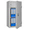 Grey safe with the door open, blue folders are visible.