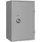 Grey safe against light background. With rotary lock and keyhole.