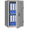 An open safe with blue binders. The safe is gray, the door half open. The binders say "FORMAT".