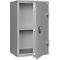 A gray safe with the door open, revealing two compartments inside. The floor of the safe is lined with gray fabric.